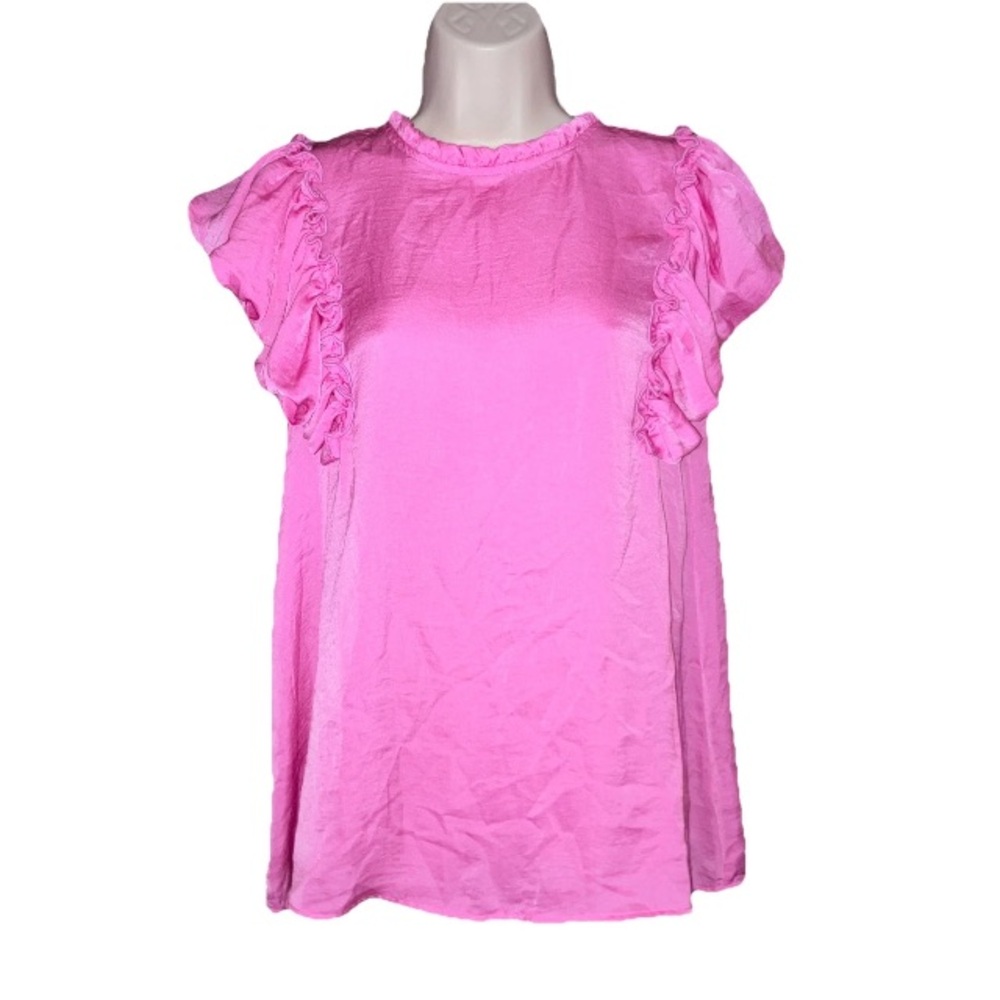 Glam Hot Pink Ruffled Flutter Short Sleeve Blouse Top Women's New Medium